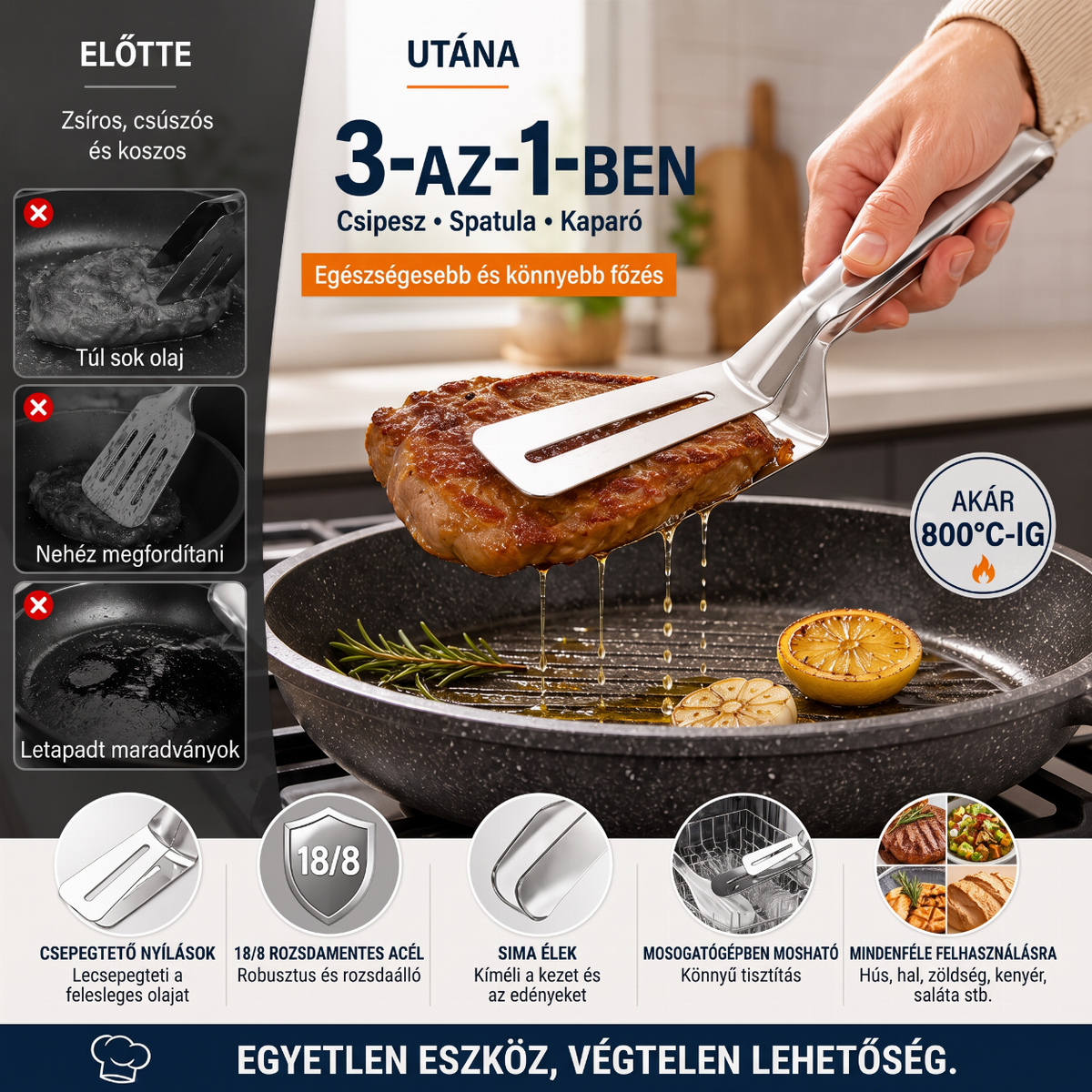 đłđ„ 3 az 1-ben rozsdamentes acĂ©l fogĂł â SokoldalĂșan hasznĂĄlhatĂł steakhez, grillezĂ©shez Ă©s sĂŒtĂ©shez