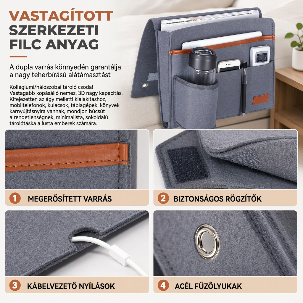 🛏️✨ Minimalista nemez ágy melletti rendszerező táska: Minden kéznél, tiszta éjszaka 📱📚