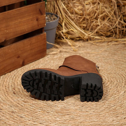 👢 Női vastag sarkú csatos térdközépig érő csizma