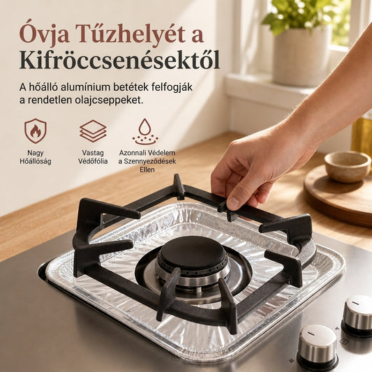 ⏳ Korlátozott idejű ajánlat! ⏰ 10 darabos nagy teherbírású alumínium fólia gáztűzhely égővédő betét – Tartsa tisztán és védje a főzőlapját a mélyedéses kifolyásfogóval 🍳