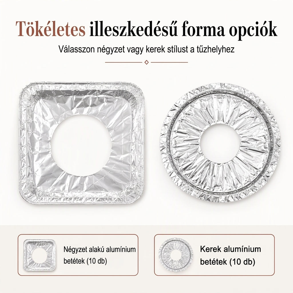 ⏳ Korlátozott idejű ajánlat! ⏰ 10 darabos nagy teherbírású alumínium fólia gáztűzhely égővédő betét – Tartsa tisztán és védje a főzőlapját a mélyedéses kifolyásfogóval 🍳