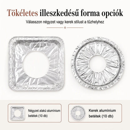 ⏳ Korlátozott idejű ajánlat! ⏰ 10 darabos nagy teherbírású alumínium fólia gáztűzhely égővédő betét – Tartsa tisztán és védje a főzőlapját a mélyedéses kifolyásfogóval 🍳