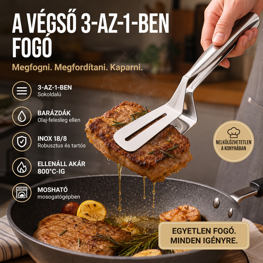 🍳🔥 3 az 1-ben rozsdamentes acél fogó – Sokoldalúan használható steakhez, grillezéshez és sütéshez